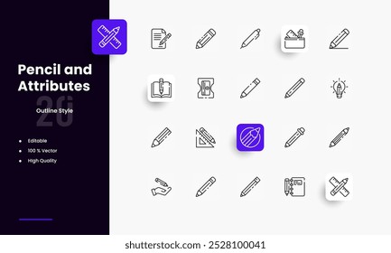 Conjunto de iconos de líneas de lápiz y lápiz. Géneros y atributos de lápiz y lápiz. Diseño lineal. Líneas con trazo editable. Iconos aislados del vector.