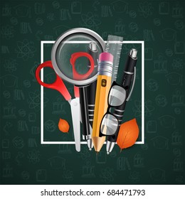 Pen, pencil, magnifying glass, scissors. Vector illustration. Green  background.