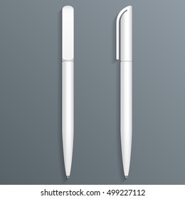 Pen, Pencil, Marker Set Of Corporate Identity And Branding Stationery Templates. Illustration Isolated On Gray Background. Mock Up Template Ready For Your Design. Vector