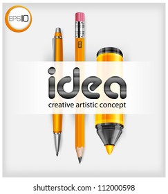 Pen, pencil and marker with text, isolated on white background, vector illustration