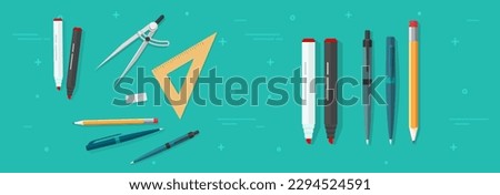 Pen pencil markers isolated vector set graphic flat illustration clipart image, education ruler compass divider study stuff or desktop table desk top view, school ballpoint stationery simple design