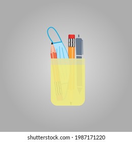 pen, pencil mask in a transparent box, work tools, training vector illustration