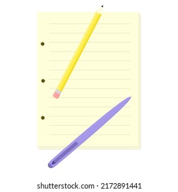 Stift und Stift auf Papierbögen einzeln auf weißem Hintergrund. Vektorgrafik