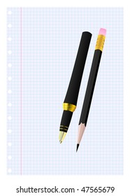 Pen and pencil on a sheet. Vector illustration.