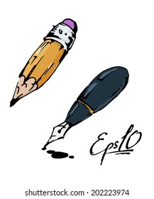 Pen and pencil on white background. Sketch. Vector illustration.