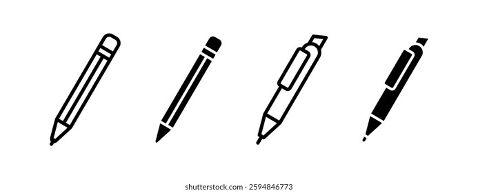 Pen and pencil outline icon. Writing and drawing tool symbols. Office and school stationery vector illustration. Education and creativity supplies pictogram. Sketching and handwriting concept.