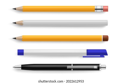 Pen and pencil. Realistic stationery tools for writing and drawing. Yellow and white objects with shadow above view marketing branding template. Corporate identity vector isolated set