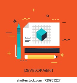 Pen, pencil, ruler and engineer drawing flat design banner, usage for development, designing, engineering. Modern style logo vector illustration concept.