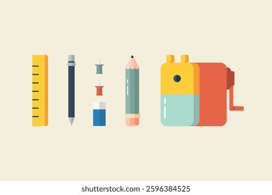 Pen pencil ruler and sharpener in flat style. Vector illustration