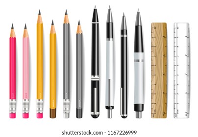 Pen, pencil and ruler Vector realistic set. 3d detailed illustrations