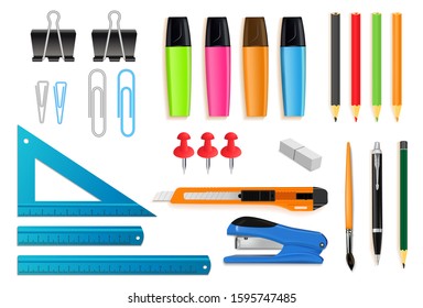 Pen and pencil. school office stationery colored educational aid items 3D vector collection of realistic wooden plastic pen and other pens. vector illustration