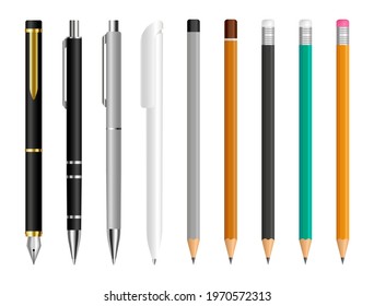 Pen and pencil set. Stationery tools for drawing and writing. Office pens and pencils. Fountain pen, ballpoint pen and wooden pencil. School writing items. Vector illustration.