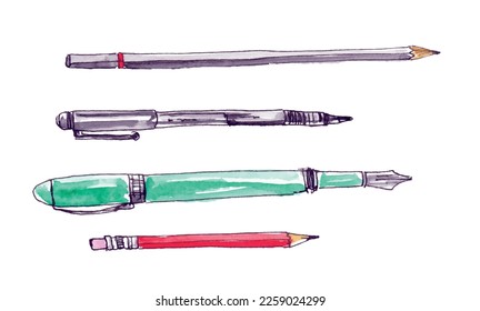 Pen pencil sketch illustration watercolor vector. Drawing, writing tools.