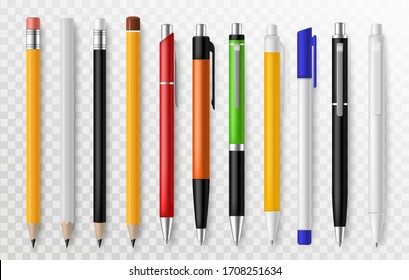 Pen and pencil. Stationery tools for writing and drawing, school or office supplies pens and pencils corporate office marketing vector blank template set