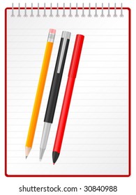 Pen, pencil, text marker and spiral notepad. Vector illustration.