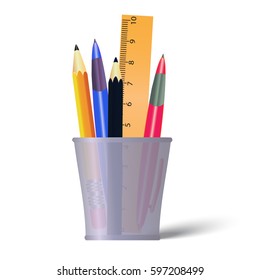 Pen and pencils container. Holder with pencils, ruler and pens. Office tools isolated on white background

