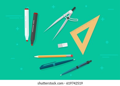 Pen, pencils, eraser, triangle rulers, marker, biro pen, compass divider, flat style top view icons vector illustration, stationery school objects isolated, education study items