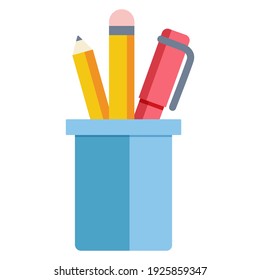 Pen and pencils in a glass. Flat illustration.