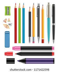 Pen and pencils. Office stationery school colored items of education help vector 3d realistic collection of plastic pen wooden pencils. Illustration of school pencil, stationery pen, marker colored