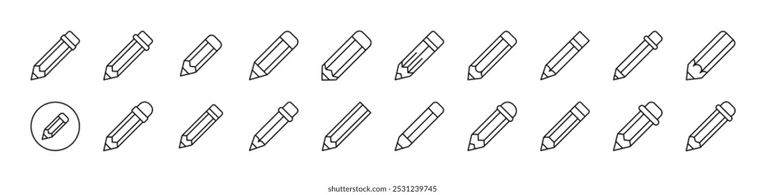 Stift und Stifte Pack von dünnen Symbolen. Bearbeitbarer Strich. Geeignet für Webseiten, Bücher, Karten, Apps