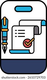 A pen and a piece of paper with a check mark on it. The pen is blue and the paper is white