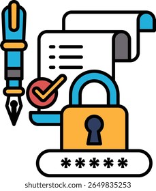 A pen and a piece of paper with a lock on it. The pen is blue and the paper is white. The lock is yellow and has a keyhole. Concept of security and protection