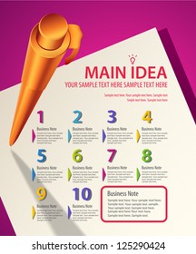 Pen and piece of paper on a table (top view). Useful for banner design, business concept or web ad. Creative Illustration with numbers, arrows and place for text. Vector EPS 10