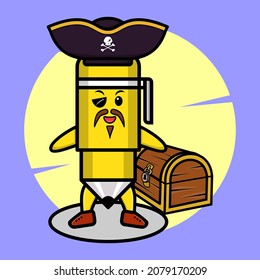 Pen pirate character with hat and beside treasure box cute style design t-shirt, sticker logo element