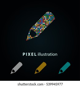 Pen - pixel icon. Vector Illustration. Design logo element. Isolated on black background.