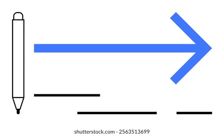 Pen positioned on the left with a bold blue arrow pointing right symbolizing progress. Black lines scattered underneath. Ideal for business forward progress success digital navigation plans