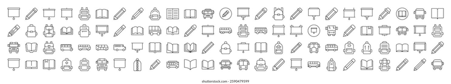 Pen, Presentation Board, Bus, School Bag, Book Line Icon Set. Editable Stroke. Minimalistic Linear Pictogram for Design of Cards, Apps, Banners, Posts 