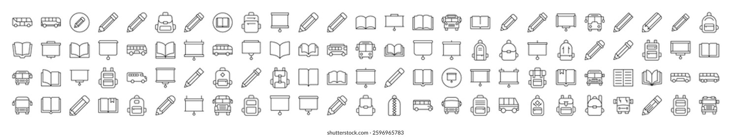 Pen, Presentation Board, Bus, School Bag, Book Line Icon Bundle. Editable Stroke. Minimalistic Linear Pictogram for Design of Cards, Apps, Banners, Posts