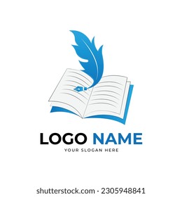 Pen quill book logo writing on an open book vector template