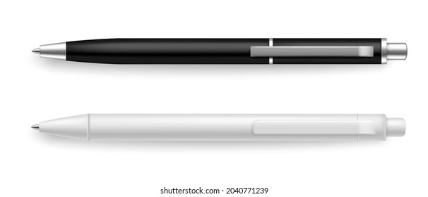 Pen realistic black and white. Stationery tools for writing realistic mockup. Objects with shadow above view marketing branding template, corporate identity presentation vector isolated set