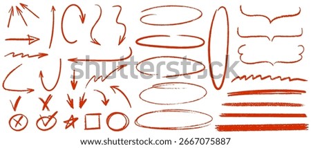 Pen red emphasis collection. Crayon drawn red underlines, check marks, brackets, arrows and check marks for to do list and notes. Hand drawn pencil doodle emphasis marker shapes. Vector illustration