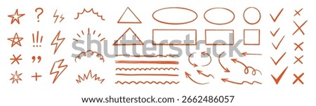 Pen red emphasis set. Hand drawn crayon check marks, speech bubbles, punctuation symbols and comic lightning signs for teacher highlights. Hand drawn red emphasis marker shapes. Vector illustration