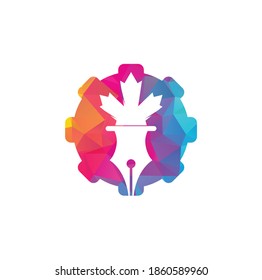 Pen and red maple leaf gear shape concept logo vector. Education Logo