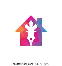 Pen and red maple leaf home shape concept logo vector. Education Logo