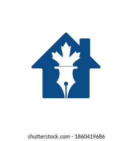 Pen and red maple leaf home shape concept logo vector. Education Logo