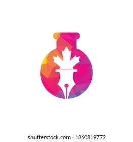 Pen and red maple leaf lab shape concept logo vector. Education Logo