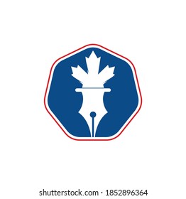 Pen and red maple leaf logo vector. Education Logo. Institutional and educational vector logo design
