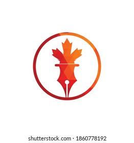 Pen and red maple leaf logo vector. Education Logo. Institutional and educational vector logo design