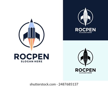 Pen Rocket logo vector template, creative combination speeding rocket with a pen