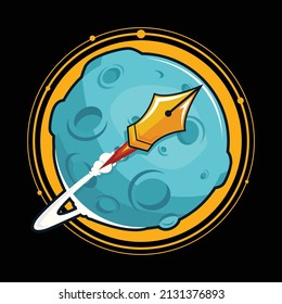 Pen rocket vector icon illustration around the planet