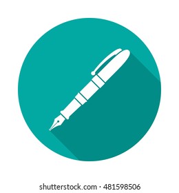 Pen round icon with long shadow. Flat design style. Fountain pen simple silhouette. Modern circle icon in stylish colors. Web site page and mobile app design vector element.