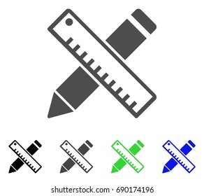 Pen And Ruler Design Tools flat vector illustration. Colored pen and ruler design tools, gray, black, blue, green pictogram variants. Flat icon style for graphic design.