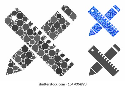 Pen and ruler design tools mosaic of small circles in various sizes and color tinges, based on pen and ruler design tools icon. Vector small circles are composed into blue collage.