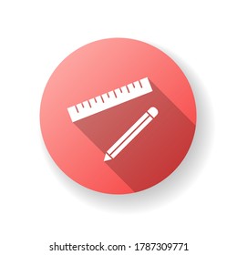 Pen und Lineal rote flache Design lange Schattensymbol Symbol. Stationär für die Schule. Schreibwerkzeug für Geometrieklasse. Zeichnungsinstrument für das Projekt. Freelance Ingenieur arbeitet. Silhouette RGB Farbillustration