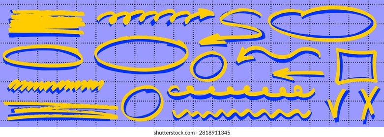 Pen scribble and brush doodles alive with marker lines and highlight. Arrow, circle and underline shapes let every marker highlight breathe across each underline.