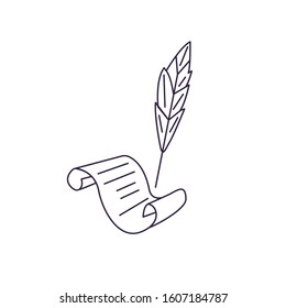 Pen and scroll icon. Elements of theater, literature, writing, creativity. Old letter, manuscript. A pen signs a document.